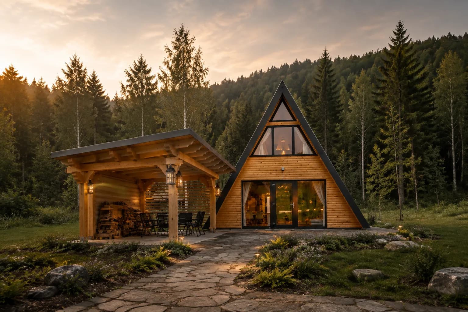 Chalet A-frame en bois dans un paysage de montagne