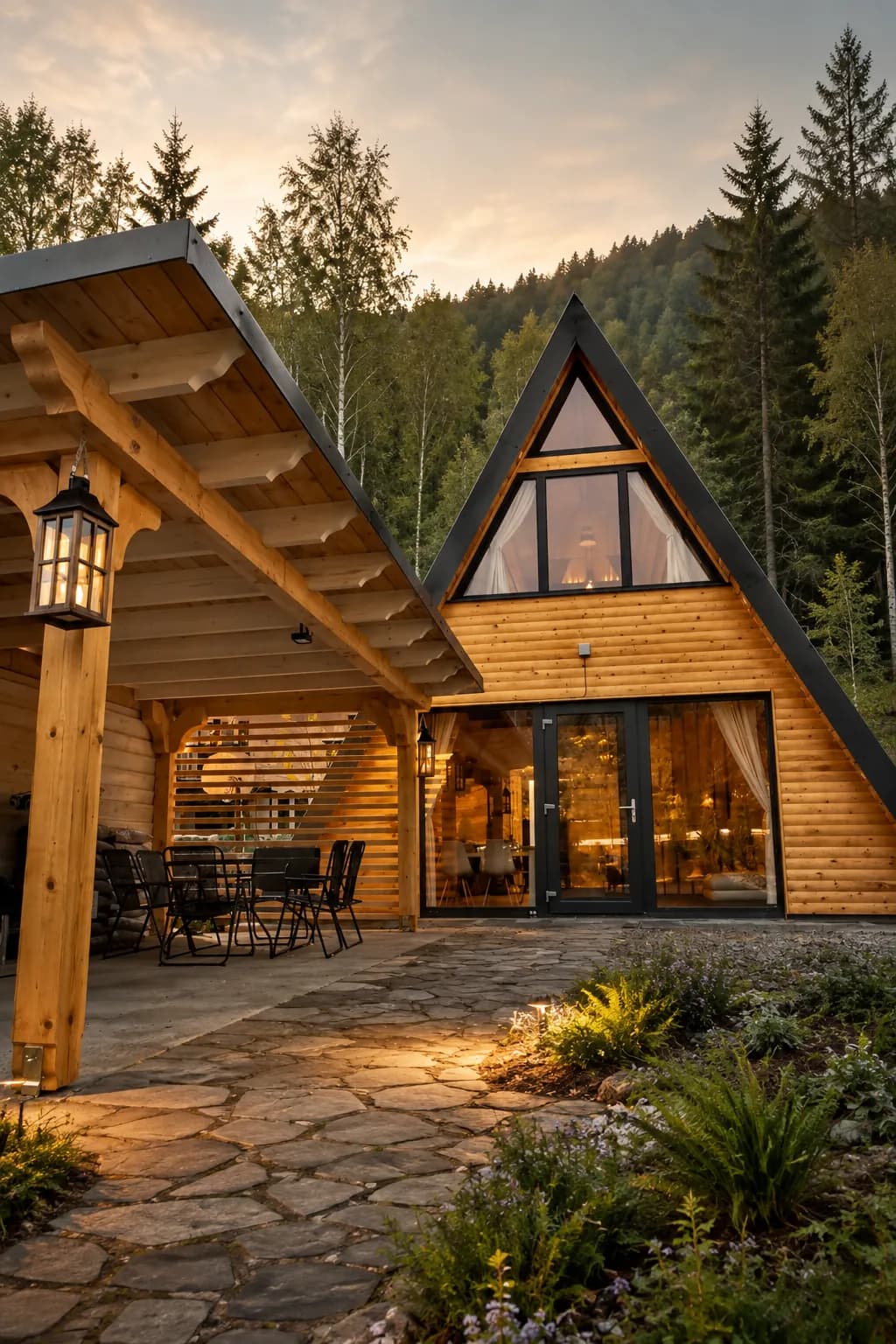 Chalet A-frame avec terrasse couverte attenante, dans une clairière en lisière de forêt